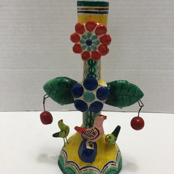 Vintage Hand Painted Mexican Candelabra Rustic Naive Folk Art Birds Flowers - Picture 6 of 6
